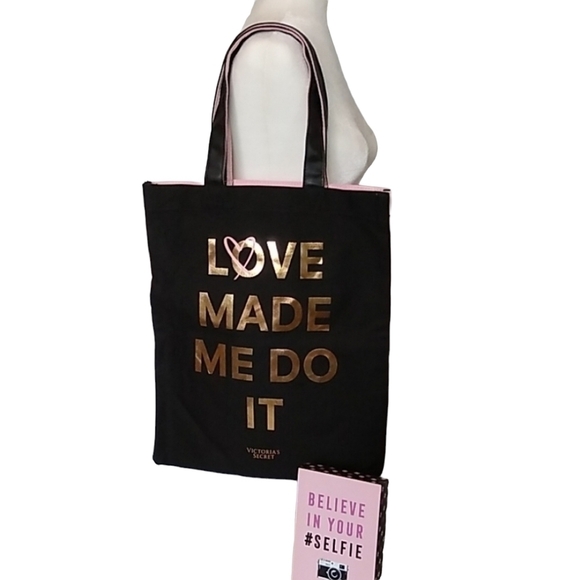 VICTORIA'S Secret Black Pink & Gold Love Made Me Do It Tote Bag - Picture 1 of 9
